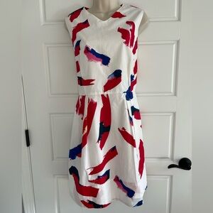 GAP Paint Palette V Neck Fit & Flare Dress Cotton Red White Blue Size 14 Summer